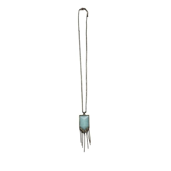Boho Pendant Necklace Geometric Green Stone & Fringe Detailing Long Bronze Chain - Picture 1 of 6
